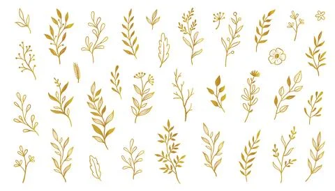 Gold branch leaf element set. Hand drawn sketch doodle golden leaves floral 库存插图