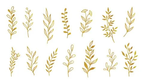 Gold branch leaf element set. Hand drawn sketch doodle golden leaves floral Stock Illustration