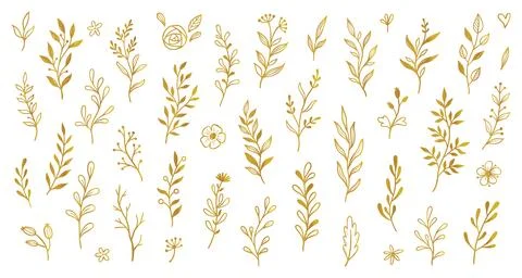 Gold branch leaf element set. Hand drawn sketch doodle golden leaves floral Stock Illustration
