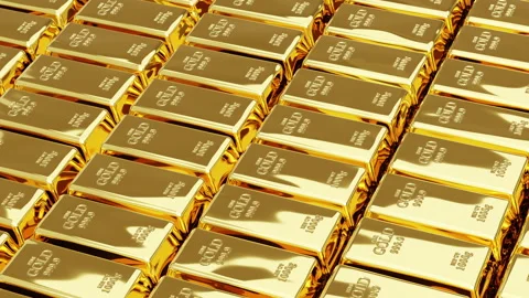 Gold bricks, large group of gold bars rolling over Stock-Footage 286053962