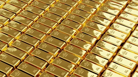 Gold bricks, large group of gold bars rolling over Stock-Footage 286054032