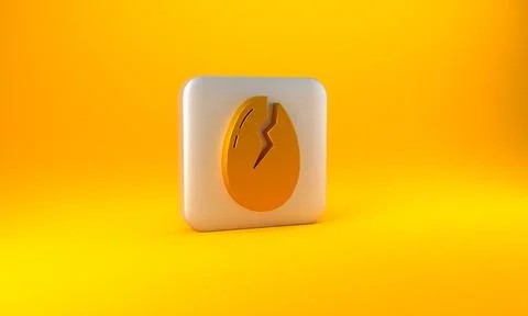 Gold Broken egg icon isolated on yellow background. Happy Easter. Silver square Stock Illustration