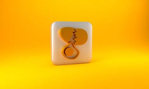 Gold Broken egg icon isolated on yellow background. Happy Easter. Silver squa Stock Illustration
