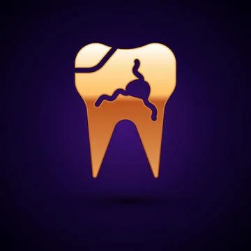 Gold Broken tooth icon isolated on black background. Dental problem icon. Dental Stockillustratie