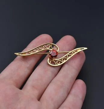 Gold brooch with red ruby in hand on black background Stock Photos
