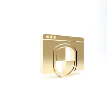 Gold Browser with shield icon isolated on white background. Security, safety, Stock Illustration