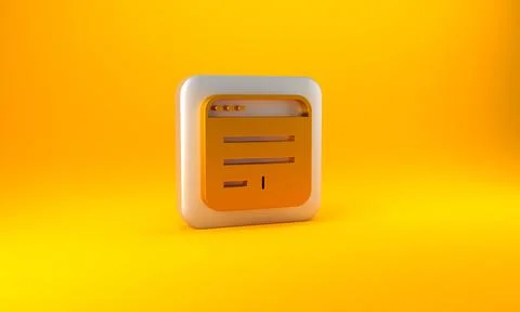 Gold Browser window icon isolated on yellow background. Silver square button. 3D Illustrazione stock