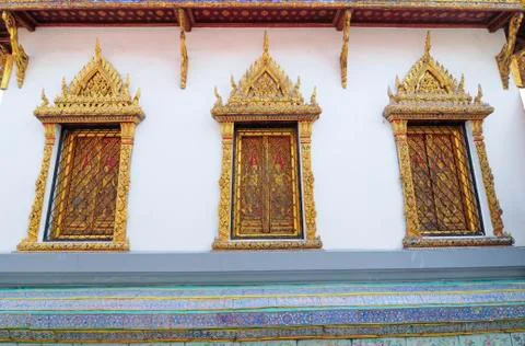 Gold buddhist monastery window Stock Photos