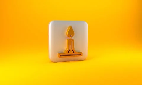 Gold Burning candle in candlestick icon isolated on yellow background. Cylind Stock Illustration