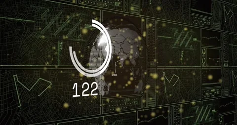 Gold burst starting globe rotating, HUD ring filling, numbers rising then Stock Footage 321550310