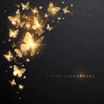 Gold butterflies with light effect on black background Stock Illustration