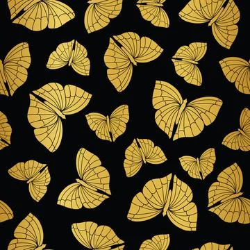 Gold butterfly seamless pattern on black background Stock Illustration