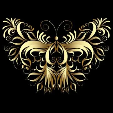 Gold butterfly. Vector illustration. Patterned vintage design. Stock Illustration
