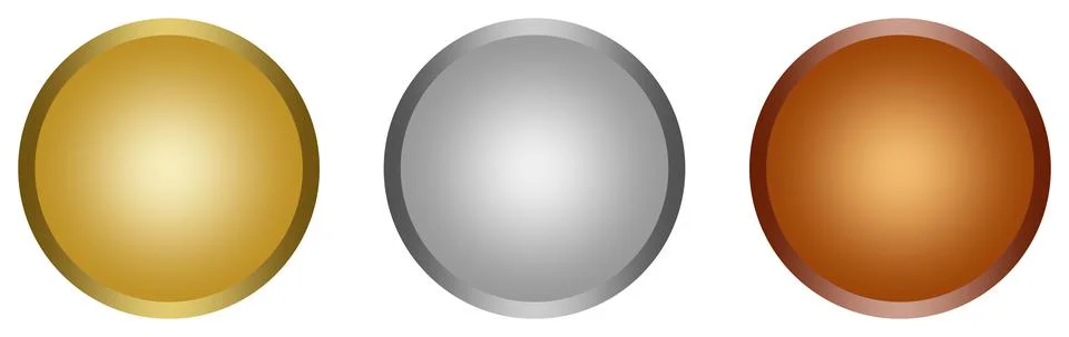 Gold button, Silver button, Bronze button vector set on white isolated back. Stock Illustration