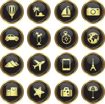 Gold buttonsTravel icons set Stock Illustration