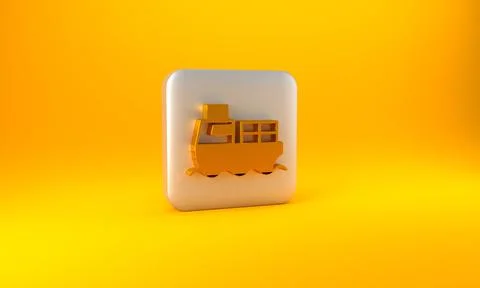 Gold Cargo ship with boxes delivery service icon isolated on yellow backgroun Stock Illustration
