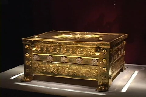 Gold Casket & wreath/crown from the tomb... | Stock Video | Pond5