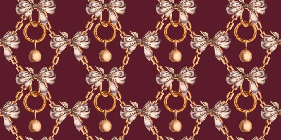 Gold chain with brown bows, pattern on burgundy background watercolor illustr 库存插图