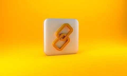 Gold Chain link icon isolated on yellow background. Link single. Silver square Illustrazione stock