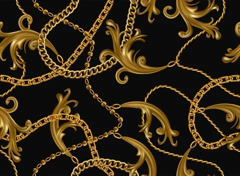 Gold chain pattern. Baroque ornament. Print for embroidery scarf. Venetian .. 스톡 일러스트