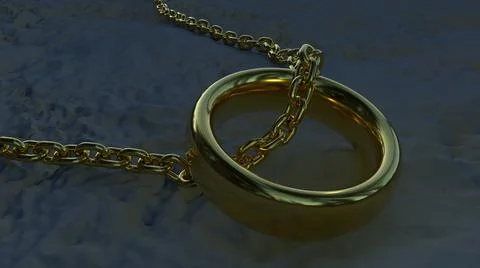 A gold chain with a ring on the gray ground at dusk. Beautiful image of jewe Stock Illustration