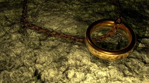 A gold chain with a ring on the gray ground at dusk.  Stock Illustration