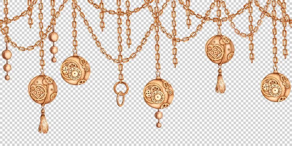 Gold chains balls rings pattern horizontal watercolor Stock Illustration