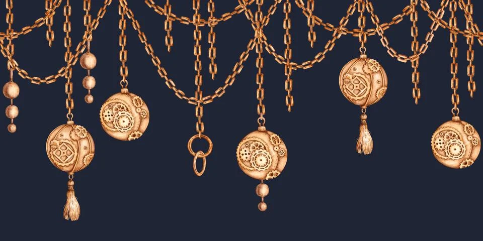 Gold chains balls rings pattern on a blue background horizontal watercolor Stock Illustration