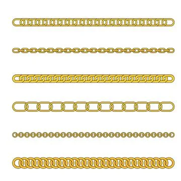 Gold chains with different weaving. Expensive gold jewelry. Illustrazione stock