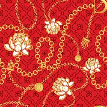 Gold chains red net pattern with bold flowers fashion vector design. Stock Illustration