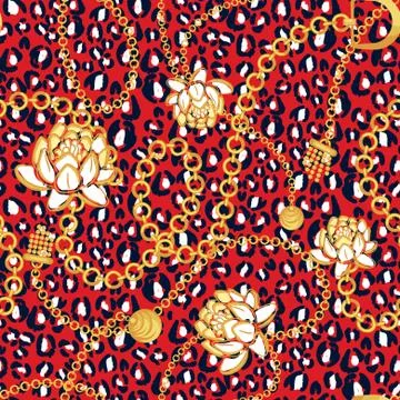Gold chains red net pattern with bold flowers red leopard skin fashion vector Stock Illustration