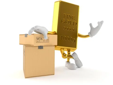 Gold character with stack of boxes Stock Illustration