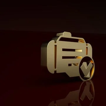 Gold Check engine icon isolated on brown background. Minimalism concept. 3D Stock Illustration