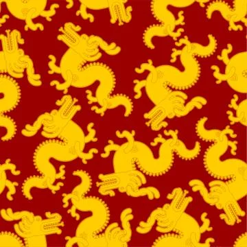 Gold Chinese dragon pattern seamless. Golden japanese mythical monster backgr Illustrazione stock