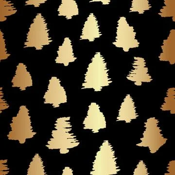 Gold Christmas Tree Endless Pattern Design on Black Background Stock Illustration