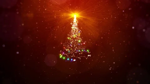 Gold christmas tree with magic lights, particles and star on red background loop Stock Footage 214829634