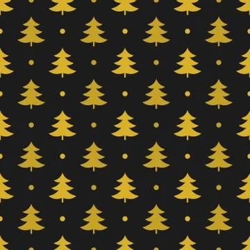 Gold Christmas trees pattern on black background. Vector illustration. Stock Illustration