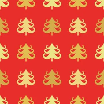 Gold Christmas trees pattern on red background. Vector illustration. Stock Illustration