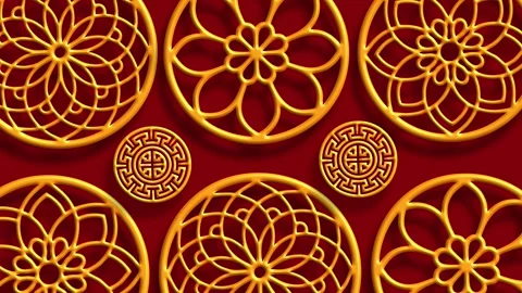 Gold Circle Abstract Flower Pattern Red Background Border Stock Footage 323796657
