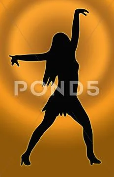Gold circle back dancing girl spread arms pose Stock Illustration