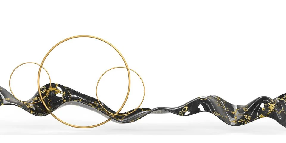 Gold circle frames with black liquid wave line 3d render. Luxury dark flow of Stock Illustration
