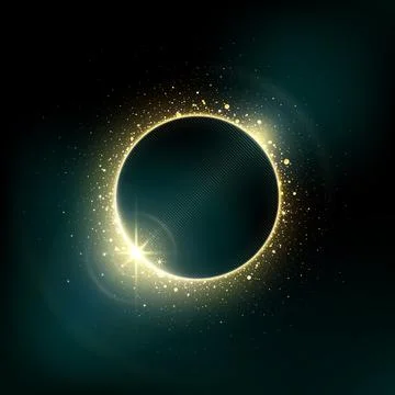 Gold circle shiny particles on dark green background. Shining gold frame, place Stock Illustration