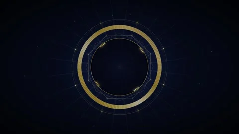 Gold circular hud interface with glowing particles on dark background, motion Video stock 337553463