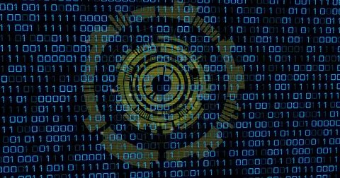 Gold circular interface rotating in data screen, with binary code and geometric Stock Illustration