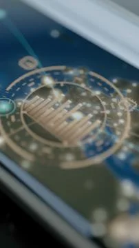 Gold circular microchip interface appears above a geographic technology Stock Photos