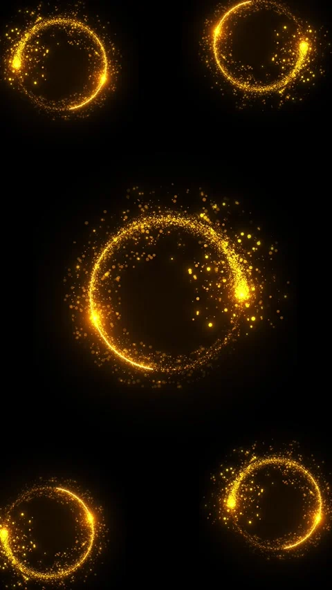 Gold circular particle ring background with swirling arcs, comet sparks, and dar Stock Footage 340420691
