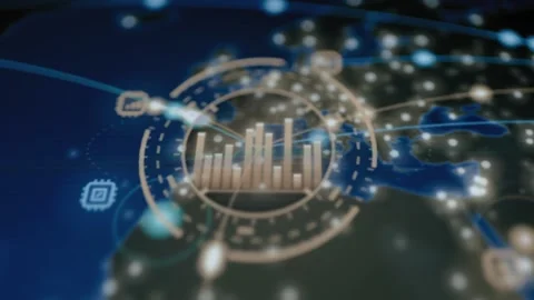 Gold circular performance chart overlays an illuminated European digital map Stock Footage 342486281