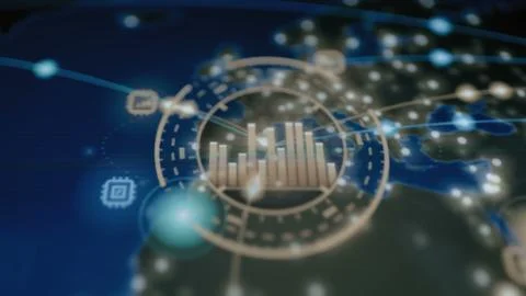 Gold circular performance chart overlays an illuminated European digital map Stock Photos