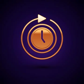 Gold Clock with arrow icon isolated on black background. Time symbol. Clockwise Stock Illustration