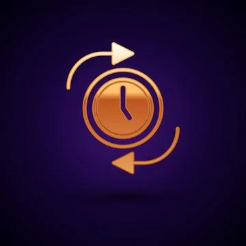 Gold Clock with arrow icon isolated on black background. Time symbol. Clockwise Stock Illustration